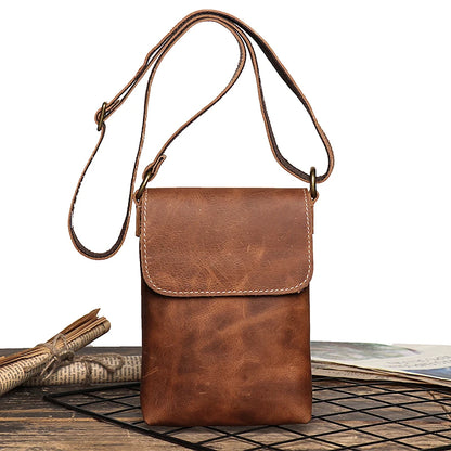 Retro Flip Schwarze Kleine Schultertasche für Herren – Echtleder Sling- und Crossbody-Tasche, Minderheiten-Design, einfache Handytasche für Männer
