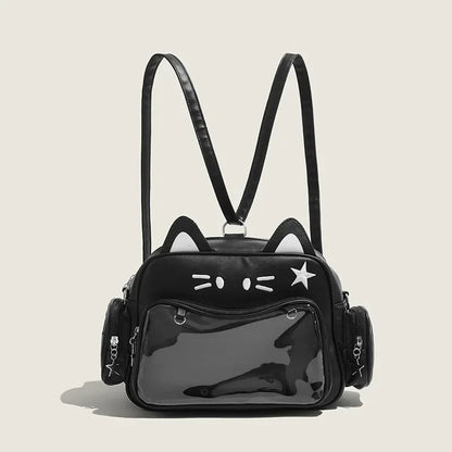 Damen Rucksack Mode Y2K – Koreanisch/Japanisch Kawaii Katze Ita Bag PU, Süß, Transparentes Fach, Ästhetische Schulter- & Crossbody-Tasche für Mädchen