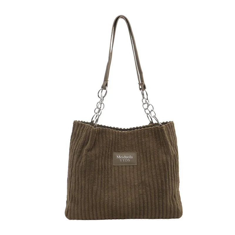 Große Cord-Tote-Bag mit Kette für Damen – Schultertasche mit großem Fassungsvermögen, Polyesterfutter, Reißverschluss