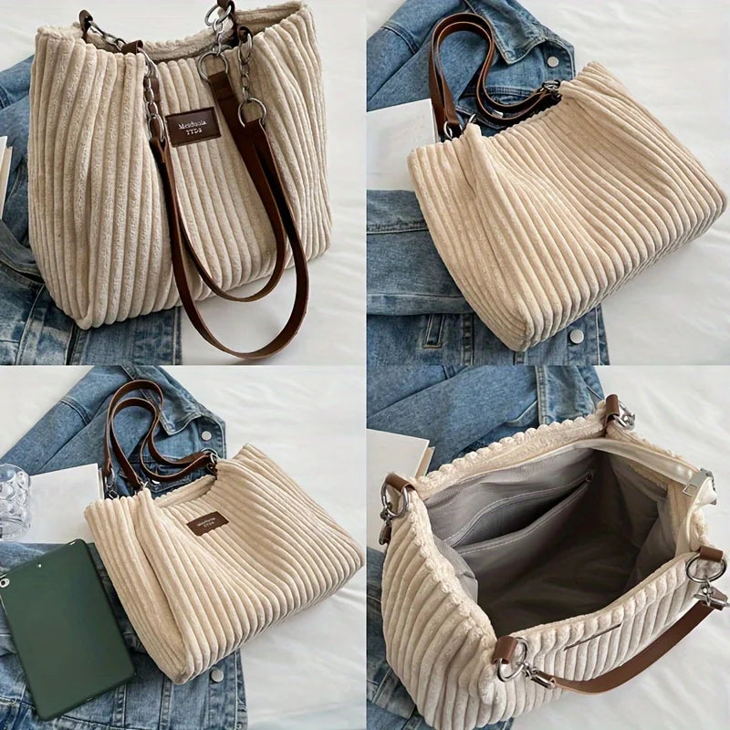 Große Cord-Tote-Bag mit Kette für Damen – Schultertasche mit großem Fassungsvermögen, Polyesterfutter, Reißverschluss