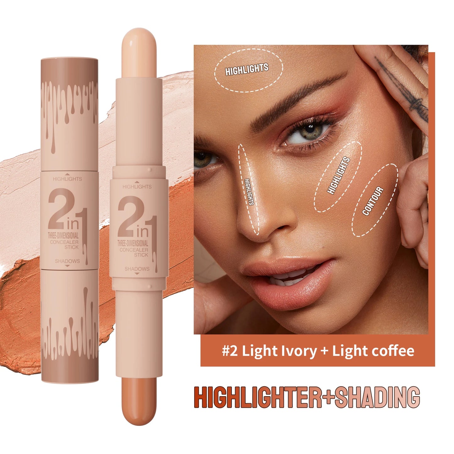 Doppelseitiger Highlighter & Contour Stick – 3D-Konturierung, Nasenschatten, Gesichtsform, Aufhellen & Modellieren