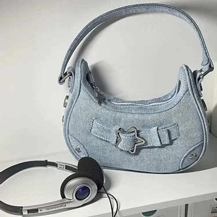 Vintage Koreanische Lässige Schultertasche mit Weißem Stern – Süße Achsel-Tote-Bag für Damen, Sling-Handtasche aus Kunstleder mit Reißverschluss