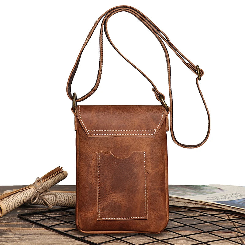 Retro Flip Schwarze Kleine Schultertasche für Herren – Echtleder Sling- und Crossbody-Tasche, Minderheiten-Design, einfache Handytasche für Männer