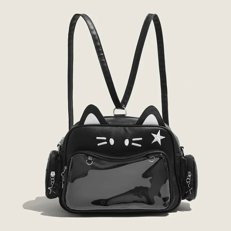 Damen Rucksack Mode Y2K – Koreanisch/Japanisch Kawaii Katze Ita Bag PU, Süß, Transparentes Fach, Ästhetische Schulter- & Crossbody-Tasche für Mädchen