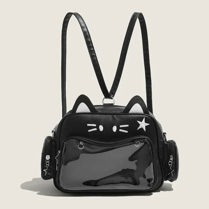Damen Rucksack Mode Y2K – Koreanisch/Japanisch Kawaii Katze Ita Bag PU, Süß, Transparentes Fach, Ästhetische Schulter- & Crossbody-Tasche für Mädchen