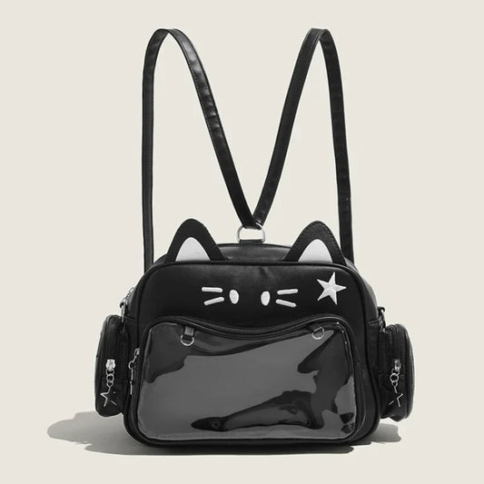 Damen Rucksack Mode Y2K – Koreanisch/Japanisch Kawaii Katze Ita Bag PU, Süß, Transparentes Fach, Ästhetische Schulter- & Crossbody-Tasche für Mädchen