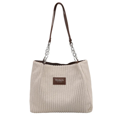 Große Cord-Tote-Bag mit Kette für Damen – Schultertasche mit großem Fassungsvermögen, Polyesterfutter, Reißverschluss