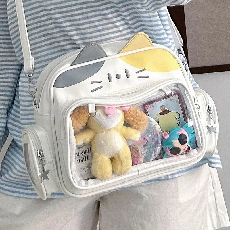 Damen Rucksack Mode Y2K – Koreanisch/Japanisch Kawaii Katze Ita Bag PU, Süß, Transparentes Fach, Ästhetische Schulter- & Crossbody-Tasche für Mädchen