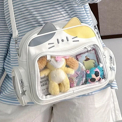 Damen Rucksack Mode Y2K – Koreanisch/Japanisch Kawaii Katze Ita Bag PU, Süß, Transparentes Fach, Ästhetische Schulter- & Crossbody-Tasche für Mädchen
