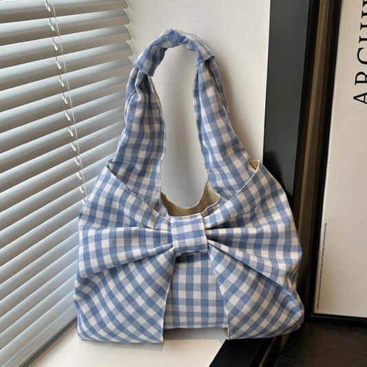 Retro Plaid-Schultertasche mit Schleife für Damen – Schlichte Pendler-Unterarmtasche, Lässige Tragbare Damen-Shopping-Tasche, Tote Bag